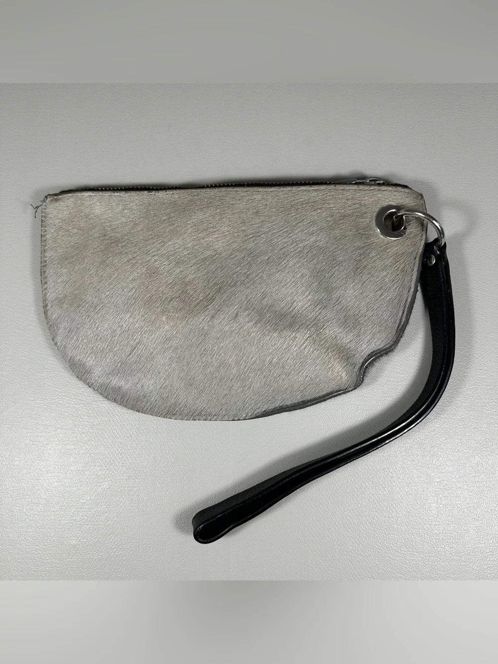 PUNTO FIBBIA Italian Calf Hair Genuine Leather Half Circle Wristlet Clutch